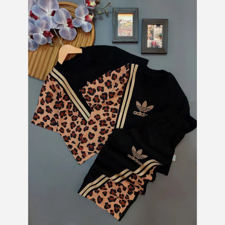 ست کراپ شلوار دخترانه طرح پلنگی آستین کوتاه پنبه بوگاتی سایز 45 تا 60