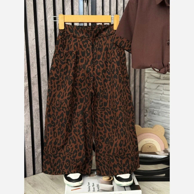 ست شومیز شلوار دخترانه پلنگی لنین و کتان لایس سایز 50 تا 65