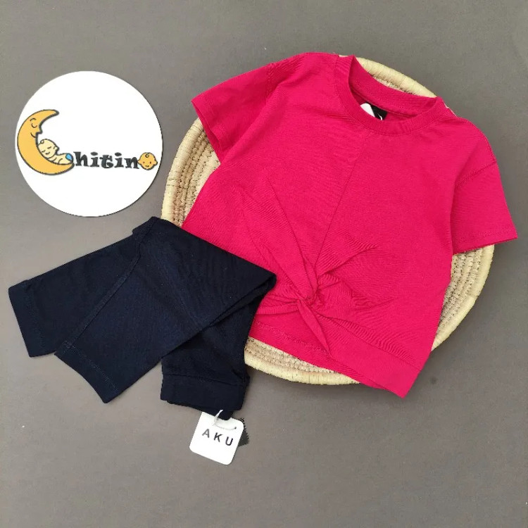 تیشرت کراپ گره ای آکو برای کودکان 2 تا 9 سال در رنگهای سرخابی و کرم