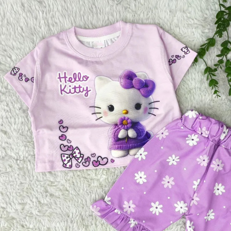 ست کراپ و شلوارک دخترانه نخی طرح کارتونی سایز 6 ماه تا 5 سال